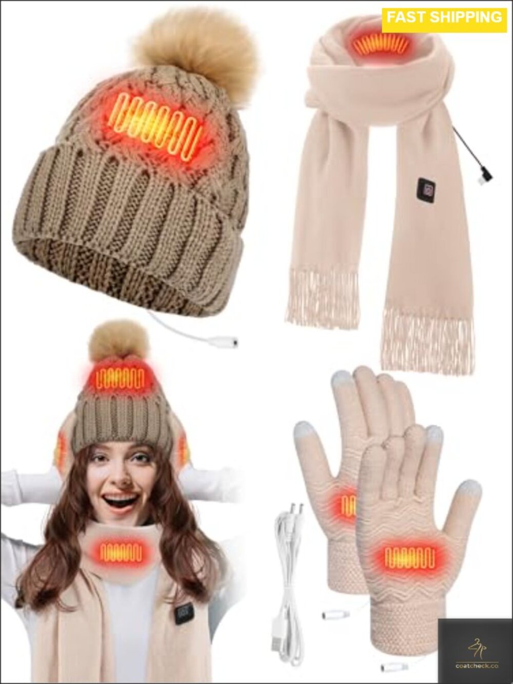 USB Heated Hat Scarf Gloves Set Knit Fleece Lined 3pc Winter Warm